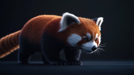 Obraz premium Adorable red panda cub walking on dark background. (1)