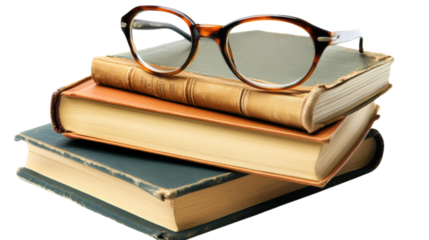 Stacked books with glasses on top in a light setting showing a study space isolated on transparent background