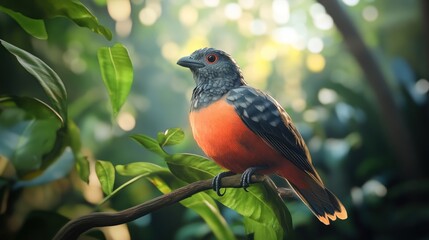 Fototapeta premium Vibrant orange and grey bird perched on a branch amidst lush green foliage in a sun-dappled forest.