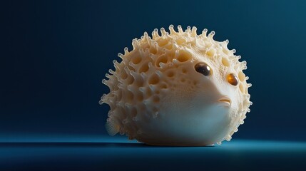 Obraz premium Adorable 3D-rendered pufferfish with intricate texture against a dark blue background.