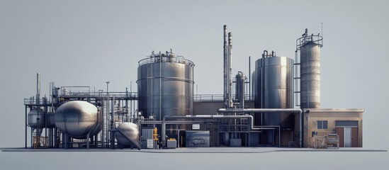 Industrial plant with large tanks, pipes, and buildings.
