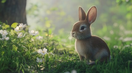 Adorable baby bunny rabbit sitting in a lush green meadow with white flowers, sunlight streaming through the trees.