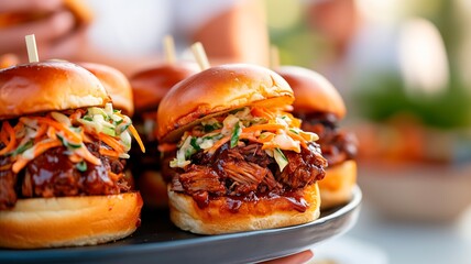 Delicious BBQ pulled pork sliders served on brioche buns with coleslaw, garnished with green onions.