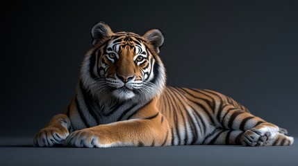 Obraz premium Majestic tiger lying down, dark background.