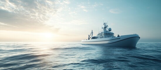 Obraz premium White patrol boat sailing on calm ocean at sunset.