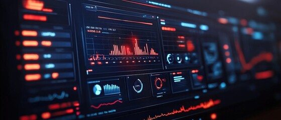 Obraz premium A futuristic interface displaying vibrant data visualizations with graphs and metrics in red and blue colors.