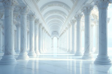 Fototapeta premium A serene, ethereal corridor of white marble columns and arches, evoking tranquility.