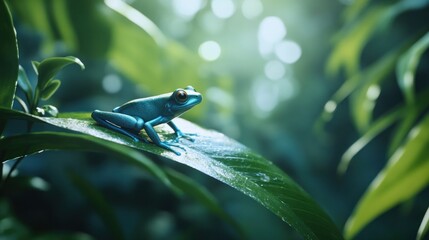 Vibrant blue frog perched on a lush green leaf in a tropical rainforest, illuminated by sunlight.