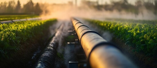 Irrigation pipe in a farm field at sunrise.