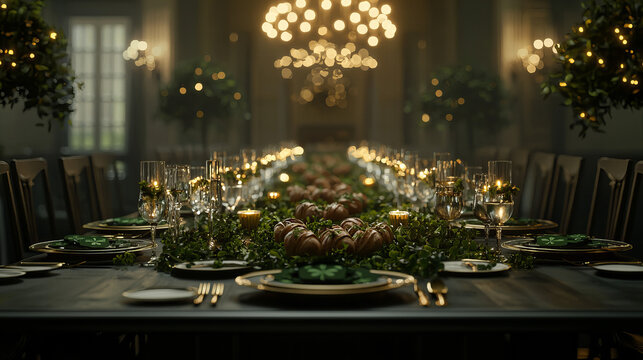 Elegant long dining table decorated for a festive gathering with candles and greenery during an evening event