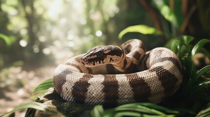 Naklejka premium Coiled python in lush tropical jungle.