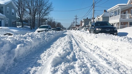 Snow-covered street with parked cars.