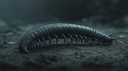 Obraz premium Close-up of a large black millipede crawling on dark soil.