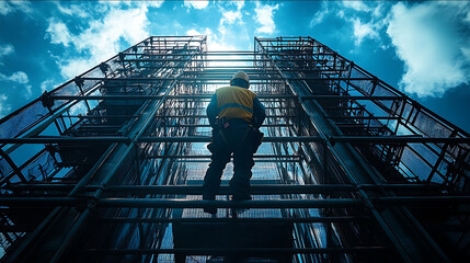 An instrument technician is perched atop a towering steel framework carefully installing sophisticated equipment amidst the open air The worker navigates the maze