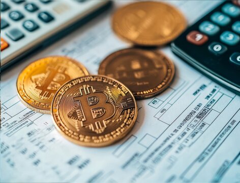 Bitcoin coins with financial documents and calculator symbolizing taxes and regulation