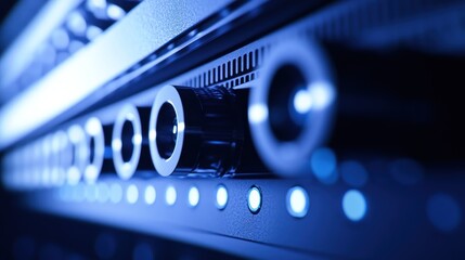 Close-up of server rack with glowing blue lights and data center equipment.