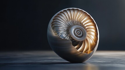 Obraz premium Abstract metallic sphere with spiral, shell-like interior, dark background.