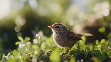 Small brown bird perched in green grass with blurred background.