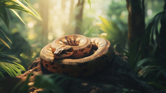 Coiled snake resting on a rock in a lush jungle, sunlit.