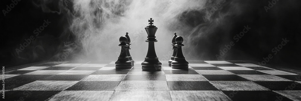 Aufkleber Chess pieces in dramatic lighting on a checkered board with fog creating an intense atmosphere. Generative AI