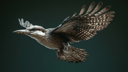 Obraz premium Kookaburra in flight, wings spread, sharp focus.