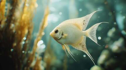 Obraz premium Single pale angelfish swimming in an aquarium, surrounded by kelp.