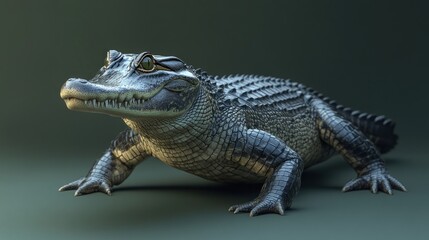 Obraz premium Young alligator portrait, detailed 3D render of reptile, dark green background.