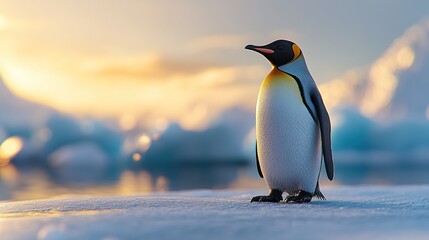 Fototapeta premium Majestic king penguin standing on ice during a beautiful sunset.