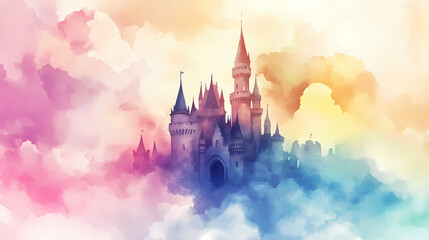 A whimsical watercolor castle with spires and colorful clouds. Whimsical Cloud Castle. Illustration
