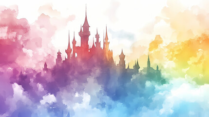 A whimsical watercolor castle with spires and colorful clouds. Whimsical Cloud Castle. Illustration