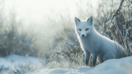 Obraz premium Arctic fox sitting in snowy winter landscape, looking at camera.