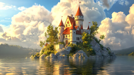 Obraz premium Cartoon castle by the lake: a whimsical 3d render. Whimsical Cloud Castle. Illustration