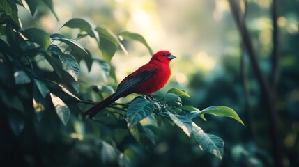 Vibrant red bird perched on lush green foliage in sunlight.