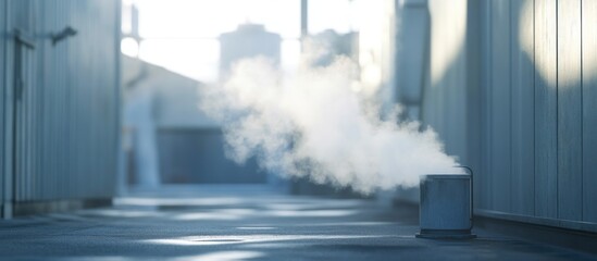 Steam rising from a vent in an alleyway between buildings.