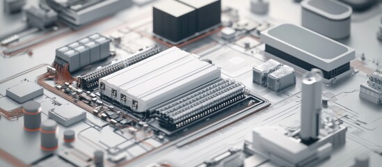Fototapeta premium Close-up of a complex technological circuit board with various components.