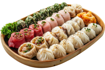Assorted dumplings displayed on a wooden platter at a dining table isolated on transparent background