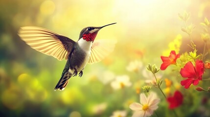 Fototapeta premium Hummingbird in flight near flowers in sunlight.