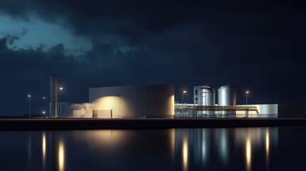 Obraz premium Night view of illuminated industrial facility reflected in calm water.