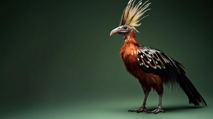 Obraz premium Hoatzin bird standing on a green background, showcasing its unique crest and plumage.