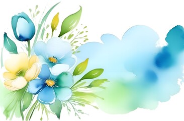 Obraz premium Spring flowers blue green yellow delicate pastel colors using watercolor technique