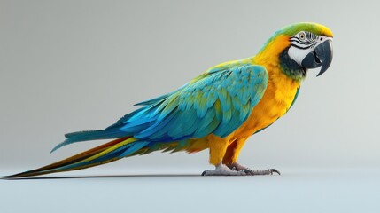 Fototapeta premium A vibrant blue-and-gold macaw parrot perched on a neutral background.