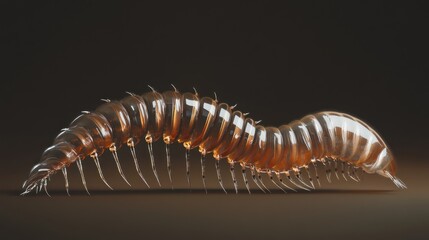 Obraz premium Transparent amber millipede-like creature crawling on dark surface.
