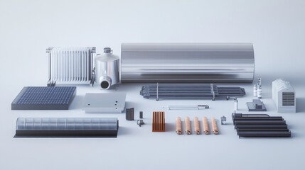 Industrial components, metal parts, tubes, filters, and equipment on a white background.