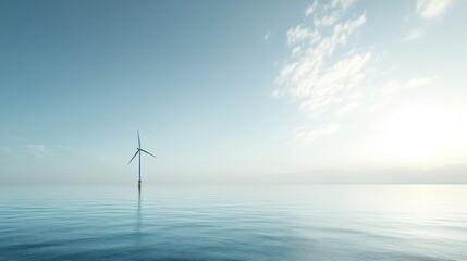 Single offshore wind turbine in calm sea under a pale sky.
