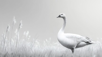 Obraz premium Solitary snow goose standing in tall grass, monochrome.