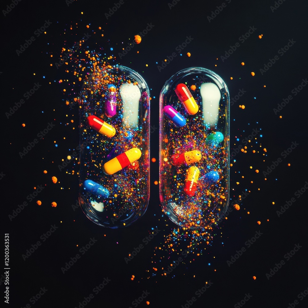 Aufkleber Colorful particles overflow from split capsules creating a vibrant display of contrast on a dark background. Generative AI