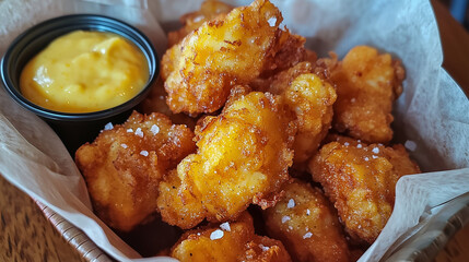 Goldenbrown, crispy fried cheese curds served in a basket with a side of creamy yellow mustard dipping sauce. Salty, cheesy, delicious appetizer.