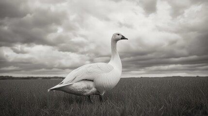 A lone snow goose stands in a grassy field under a dramatic, cloudy sky.