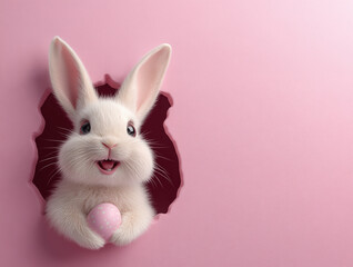 Obraz premium Easter bunny, colored eggs, rabbit peeking through pink paper background. Holidays, spring and Easter concept, copy space, design and greeting card. Modern 3D rendering art minimalist style.