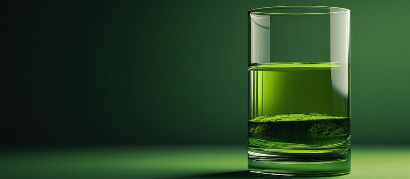 Glass of vibrant green liquid with a layer of sediment at the bottom, set against a dark green background.